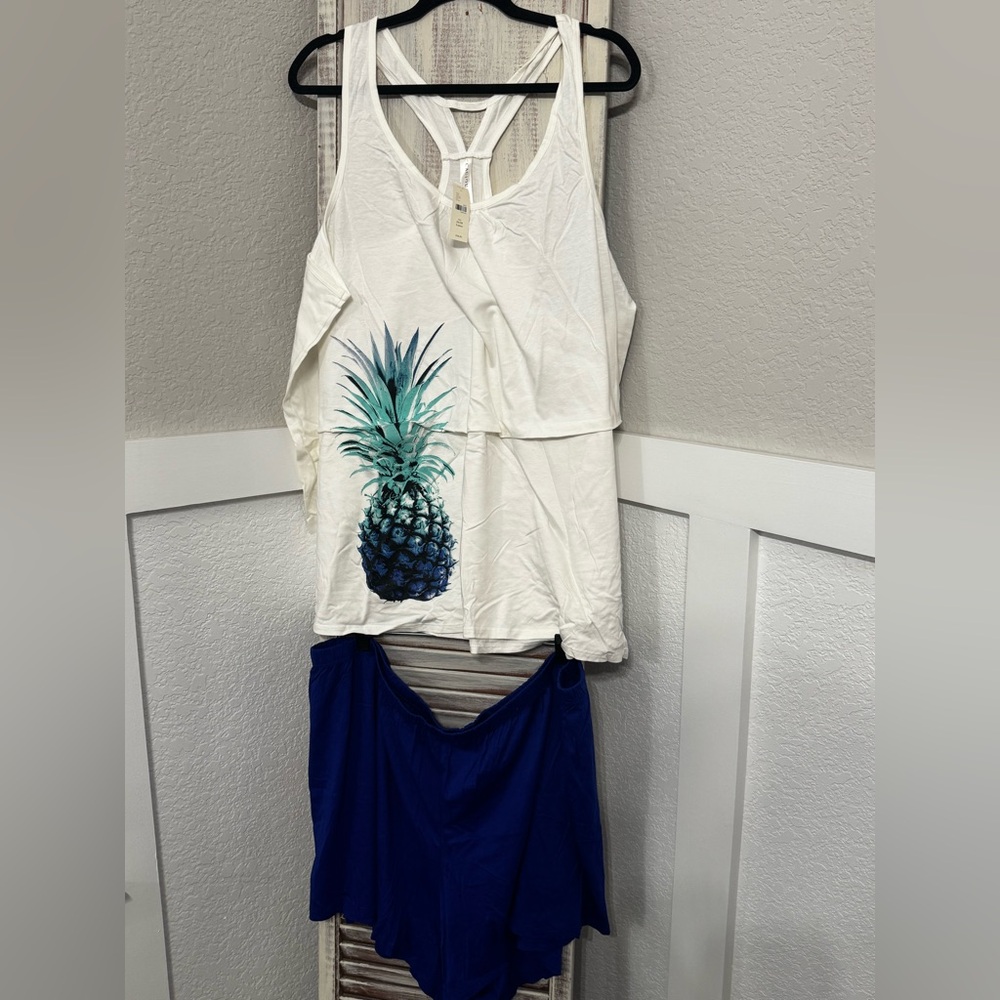 NWT! Cacique 2 Piece PJ Pajama Set Navy Blue Pineapple Pattern Size 26/28